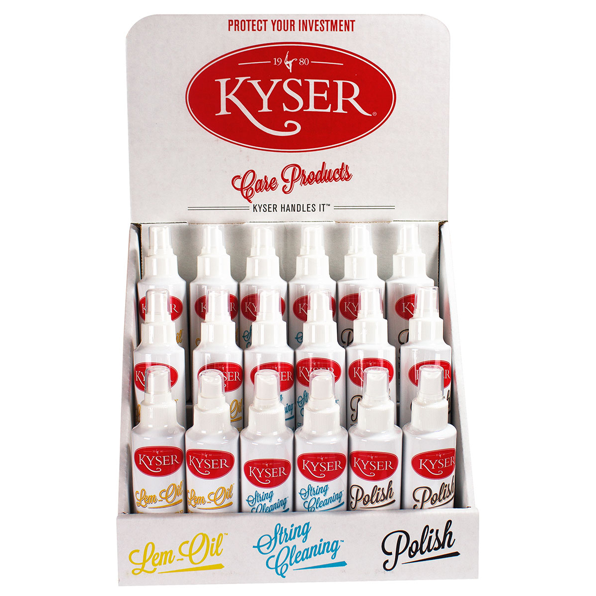 Kyser Care Display. 6 bottles of KDS100, KDS500, KDS 800